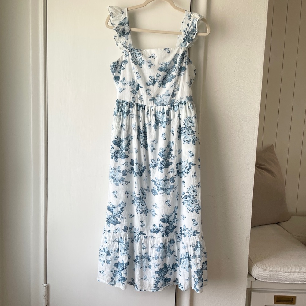 Flutter Sleeve Blue Floral Midi Dress